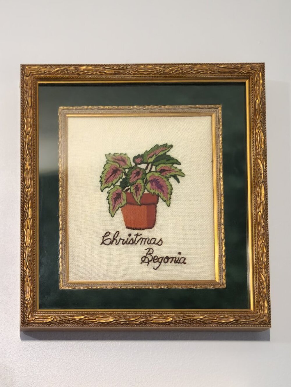Needlepoint Fabric Art Ornate Gold Tone Frame Green Mat Vintage Plant Art